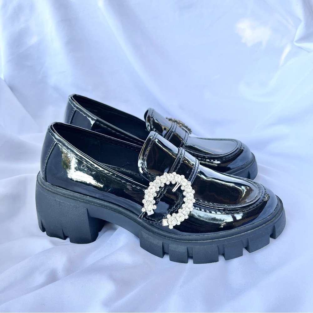 STEVE MADDEN | HAILEY EMBELLISHED BUCKLE SHOE IN BLACK PATENT LOAFER SIZE 5.5 - Picture 7 of 9